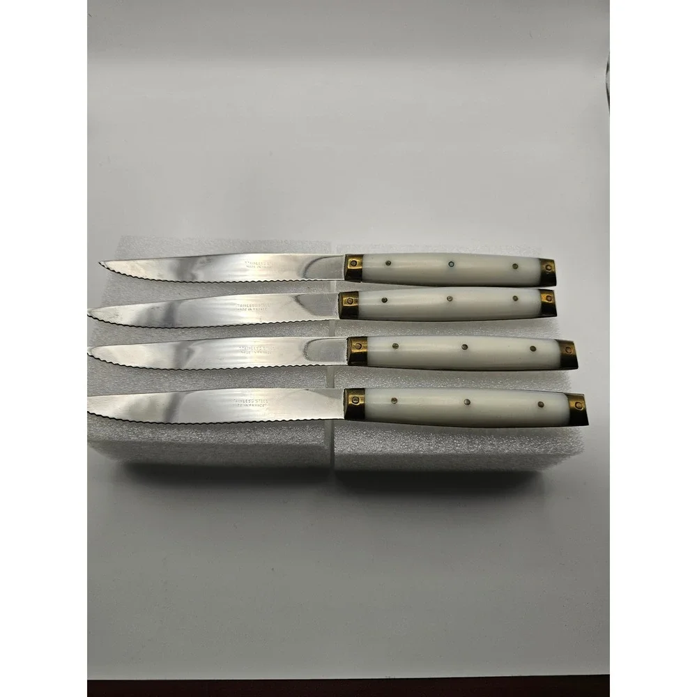 Vintage French Steak Knives Set of 4 Stainless Steel Cream Faux Bone Handles
